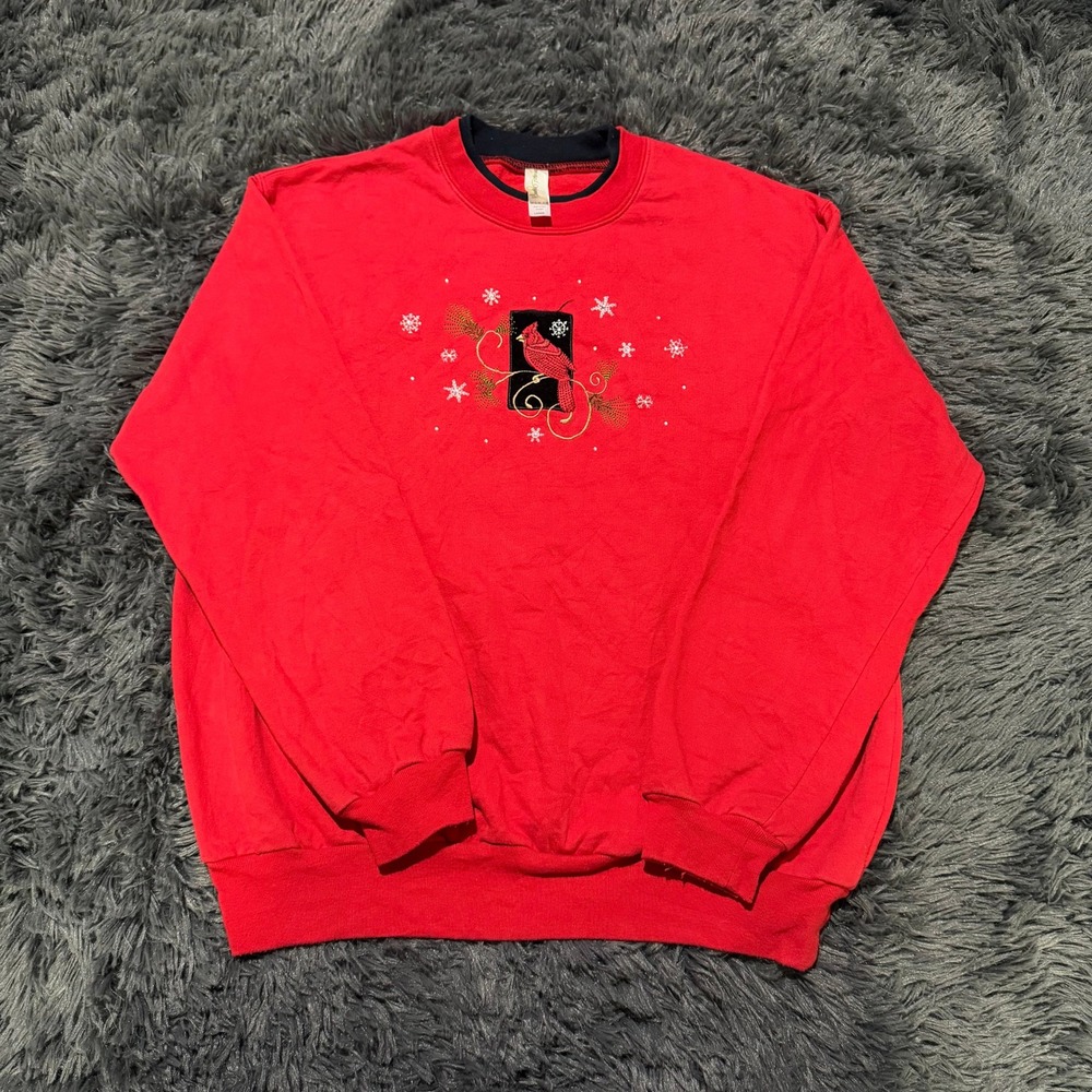 Vintage Red Cardinal Snowflake Embroidered Sweatshirt Double Collar Large